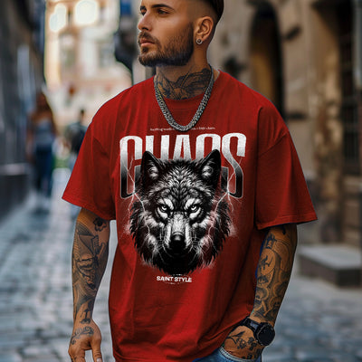 Tricou Oversize Unisex CHAOS WOLF Red