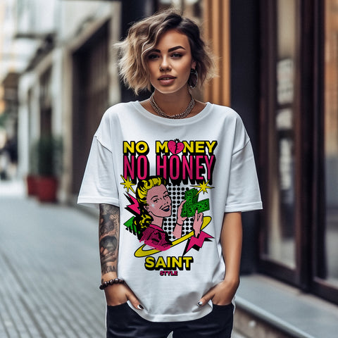 Tricou Oversize Women NO MONEY NO HONEY White